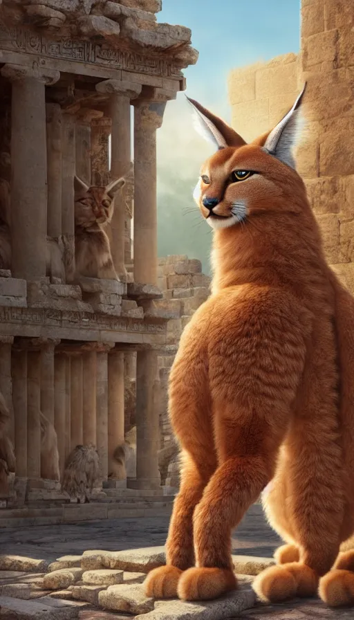 Prompt: fullbody photo of cute fluffy caracal as alexander the great, ancient greek city, sunny day, by ilya kuvshinov, rtx rendering, octane render 1 2 8 k, maya, extreme high intricate details by tom bagshaw, medium shot, close up shot, composition by sana takeda, lighting by greg rutkowski