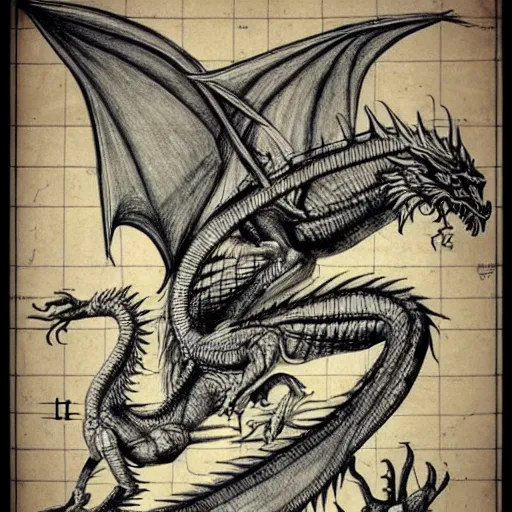 Image similar to anatomical drawing of dragon, davinci style, medical drawing, blueprint, schematic, old