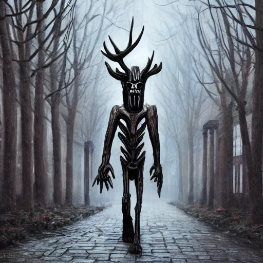 Prompt: terrifying wendigo walking through the center of old london city, oil painting, gloomy misty atmosphere, symmetrical, full body image, highly ornate intricate details, very sharp photo,