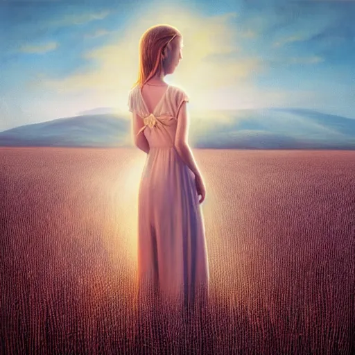 Prompt: close-up shot, a beautiful painting of a girl in a airy semi-transparent thin light dress standing in the glowing wheat fields, mystical setting, afternoon sun, long shadows, photo from the back, by Mark Ryden, artgerm, Bekzinski, WLOP, Felix Kelly and Ross Tran, trending on artstation