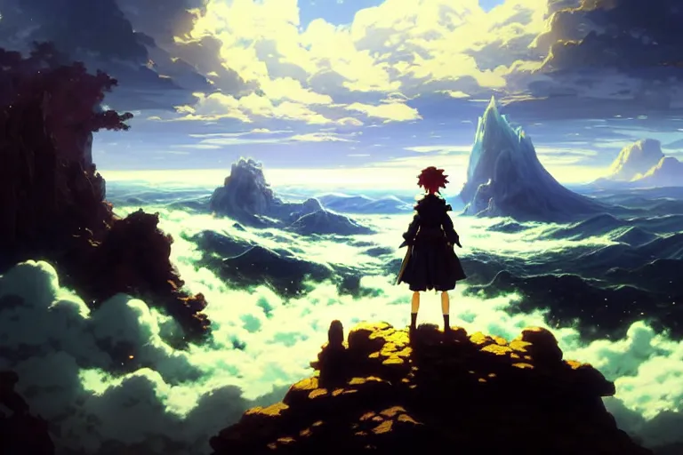 Image similar to baroque oil painting anime key visual concept art of wanderer above the sea of fog 1 8 1 8 with anime maid, brutalist, dark fantasy, rule of thirds golden ratio, fake detail, trending pixiv fanbox, acrylic palette knife, style of makoto shinkai studio ghibli genshin impact jamie wyeth james gilleard greg rutkowski chiho aoshima