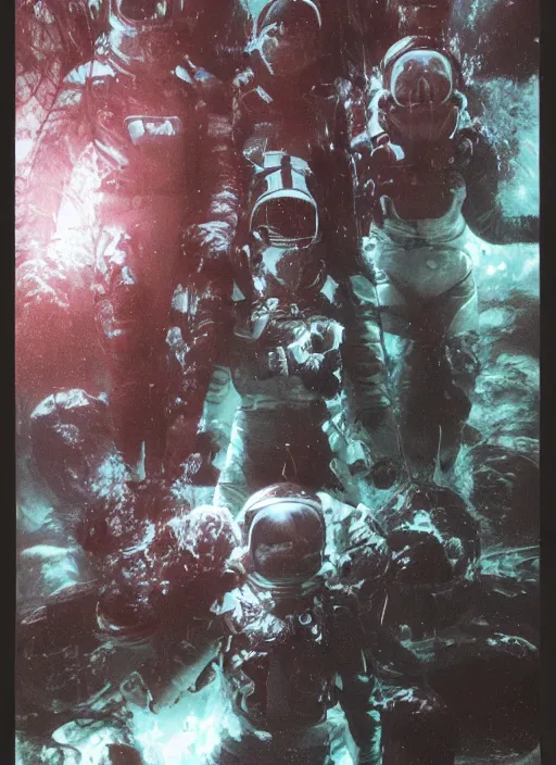 Image similar to astronauts in dark void underwater - complex and hyperdetailed technical suit. reflection and dispersion materials. rays and dispersion of light. volumetric light. f / 3 2. noise film photo. flash photography. ultra realistic, wide angle. poster by wayne barlowe, hajime sorayama aaron horkey, craig mullins