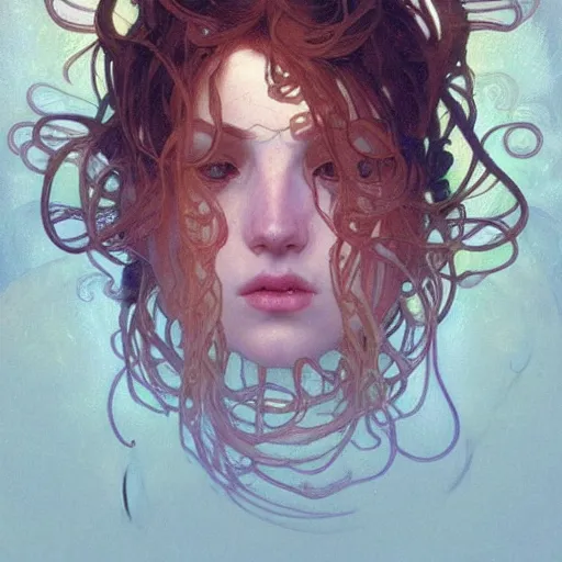 Prompt: A face made out of jellyfish, bio art by alphonse mucha and greg rutkowski, highly detailed, digital painting, concept art, illustration, dim lighting, trending on artstation, very detailed, smooth, sharp focus