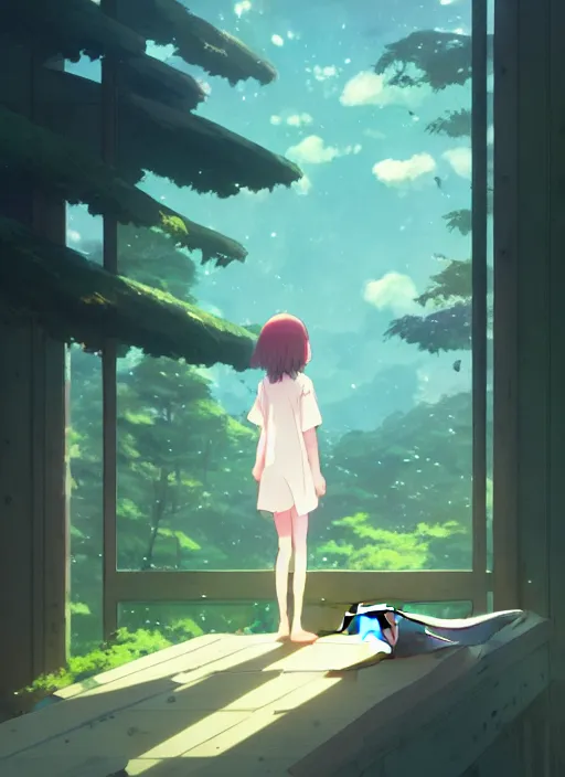 Prompt: girl standing near a window, forest outside, but a whale is just passing by in the air, illustration concept art anime key visual trending pixiv fanbox by wlop and greg rutkowski and makoto shinkai and studio ghibli