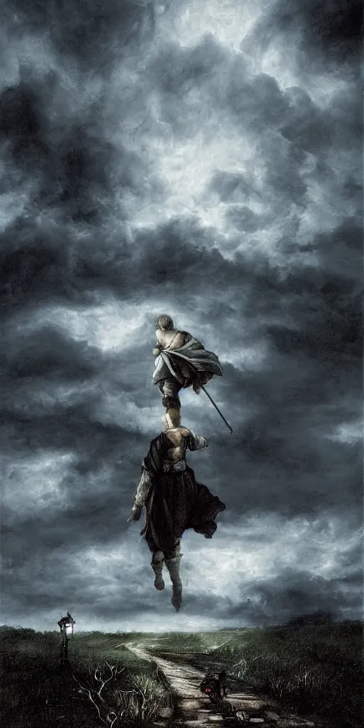 Prompt: a medieval peasant kid walking alone in the night during a stormcloud with dramatic airbrushed clouds over black background by Luis royo and Caravaggio airbrush fantasy 80s, realistic masterpiece