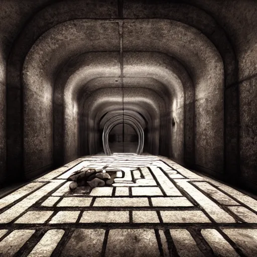 Prompt: underground labyrinth in liminal space, clean, unreal engine, photorealistic