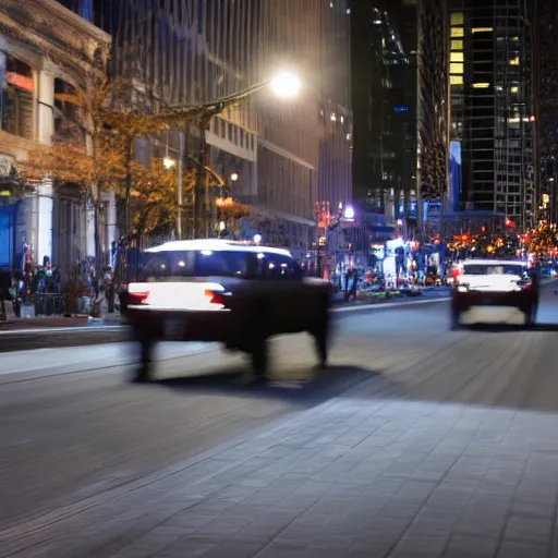 Prompt: Professional 8k panning photo Running bison through downtown at night, car commercial still