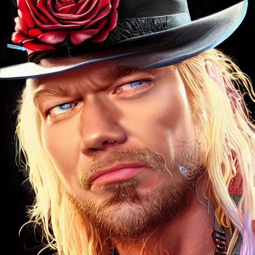 Prompt: axel rose portrait guns n roses, intricate, highly detailed, digital painting, artstation, concept art, smooth, sharp focus, illustration, unreal engine 5, 8 k, art by artgerm and greg rutkowski and alphonse mucha