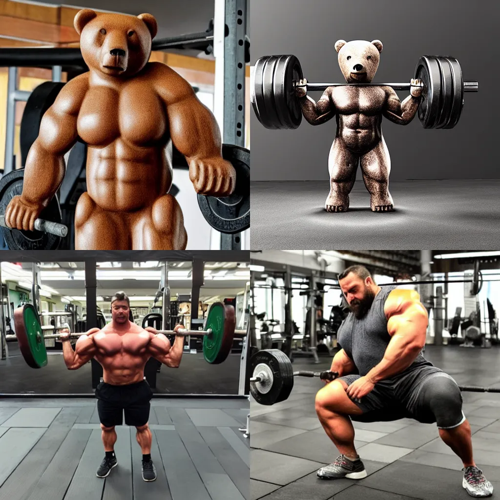 Prompt: muscular bear lifting weights