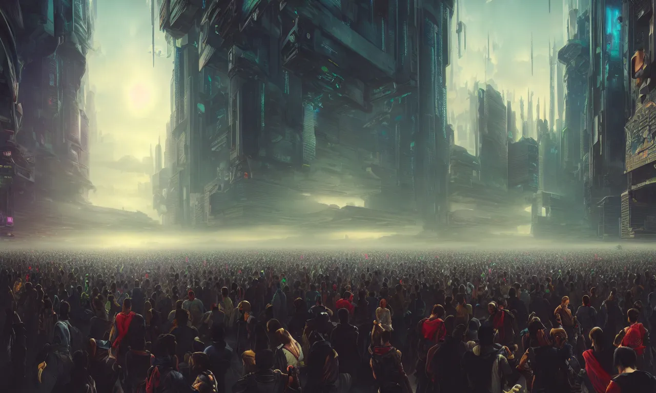 Prompt: photograph of the inside of futuristic cyberpunk city, matte painting, crowds of people, by franz xaver winterhalter, ultra detailed, bright, pattern, octane render, hyper realism, morning fog