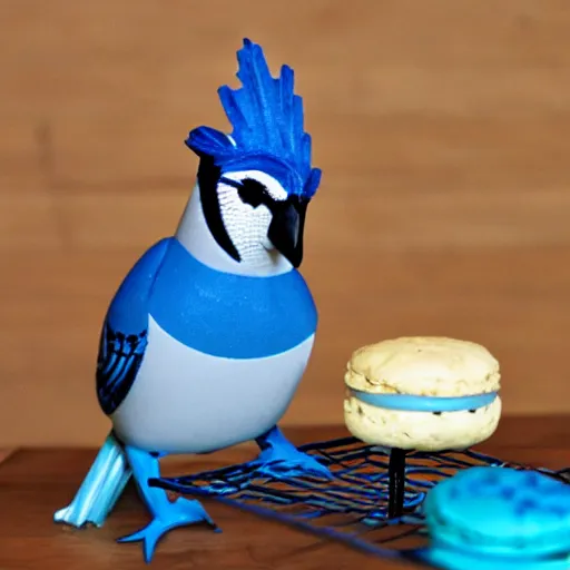 Prompt: a tall blue jay bird standing on top of a basket of macaroons on a table