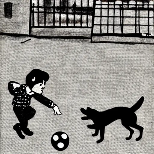 Image similar to illustration of french boy on the streets of paris playing football against a corgi, the dog is wearing a polka dot scarf, comic, 1 9 7 2