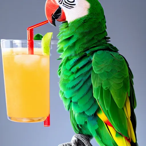 Prompt: A portrait photo of a parrot sipping a fruity drink through a straw, real photo , 8k, Very real