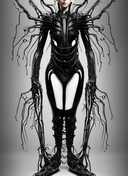 Image similar to iris van herpen gothic inflateble dark dress, perfect symmetrical body, helmet on face, full body shot, alien, plant predator, guyver, giger, wires, tubes, veins, jellyfish, white biomechanical details, wearing epic bionic cyborg implants, masterpiece, intricate, biopunk, vogue, highly detailed, artstation, concept art