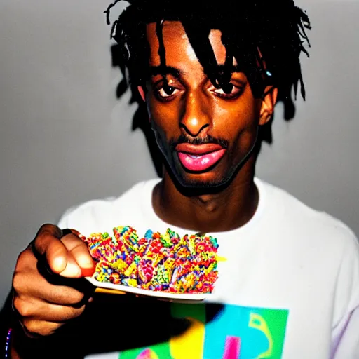 Image similar to a realistic photo of playboi carti eating fruity pebbles, film grain, vintage photo, high contrast