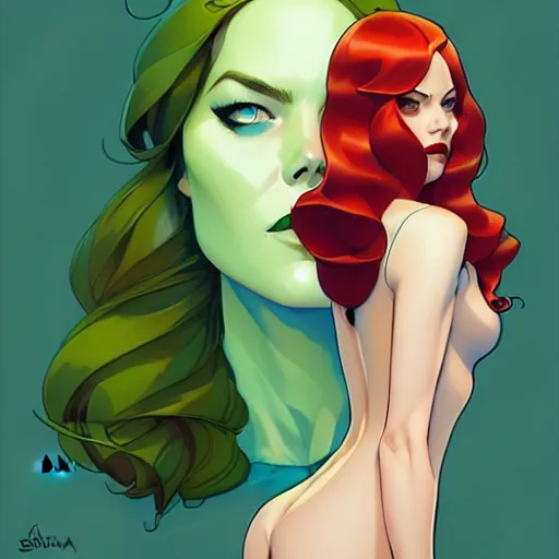 Image similar to joshua middleton, phil noto, artgerm, emma stone poison ivy dc comics, vines, symmetrical eyes, city rooftop