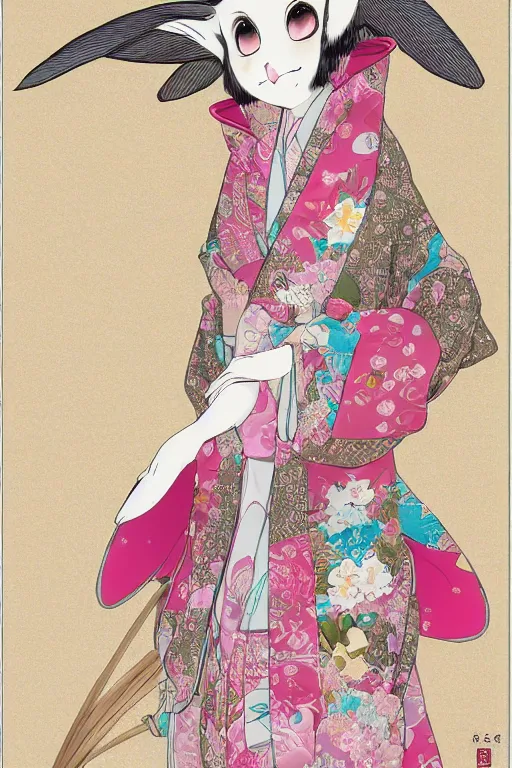 Prompt: rabbit princess wearing a kimono, fursona, anthro, detailed fur, detailed clothing, delicate, pure, traditional japanese art