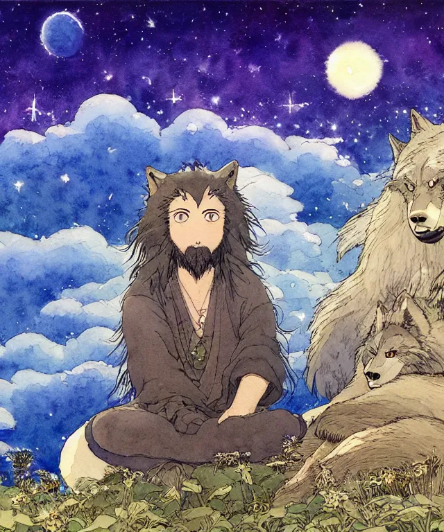 Image similar to a hyperrealist studio ghibli watercolor fantasy concept art. in the foreground is a giant long haired grey wolfman sitting in lotus position on top of stonehenge with shooting stars all over the sky in the background. by rebecca guay, michael kaluta, charles vess