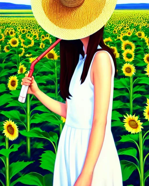 Image similar to a girl in a white dress and a straw hat walks in the sunflower field | | fine - face, audrey plaza, realistic shaded perfect face, fine details. anime. realistic shaded lighting poster by ilya kuvshinov katsuhiro otomo ghost - in - the - shell, magali villeneuve, artgerm, jeremy lipkin and michael garmash and rob rey