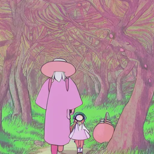 Image similar to a pink mage wearing a small satchel and a pink witch's hat walking through a lush psychedelic forest by studio ghibli