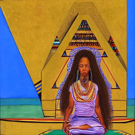 Image similar to a high priestess sitting cross - legged in front of a golden pyramid, by abdul mati klarwein