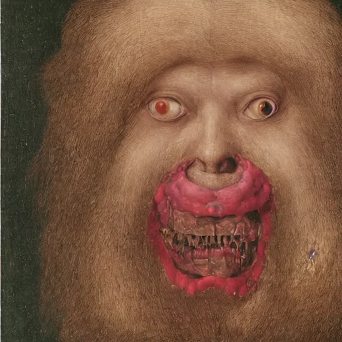 Prompt: close up portrait of a mutant monster creature with cheeks covered in purulent pustules, pimples at different stages, some fresh, some bursting with a whitish fluid ; pleasant, flirty eyes ; teeth lining up the exterior of the mandible, long hair growing out of the nostrils. jan van eyck, audubon