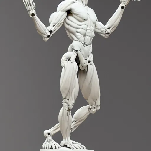 Prompt: marble statue of genetically enhanced human with robot limbs, mercury hair and extra long arms