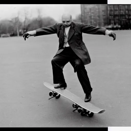 Image similar to lenin doing a kickflip with a skate