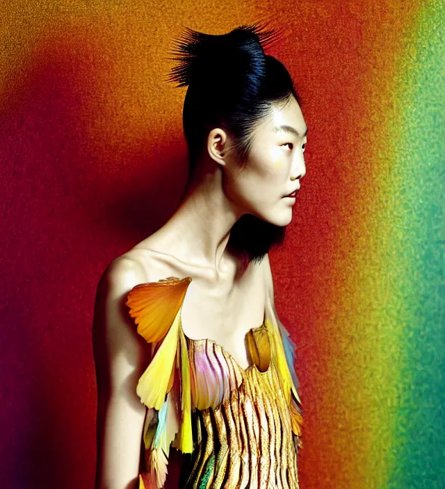 Image similar to photography american portrait of liu wen, natural background, sensual lighting, natural fragile pose, wearing stunning dress by iris van herpen, with a colorfull makeup. highly detailed, skin grain detail, photography by paolo roversi, nick knight, helmut newton, avedon, araki