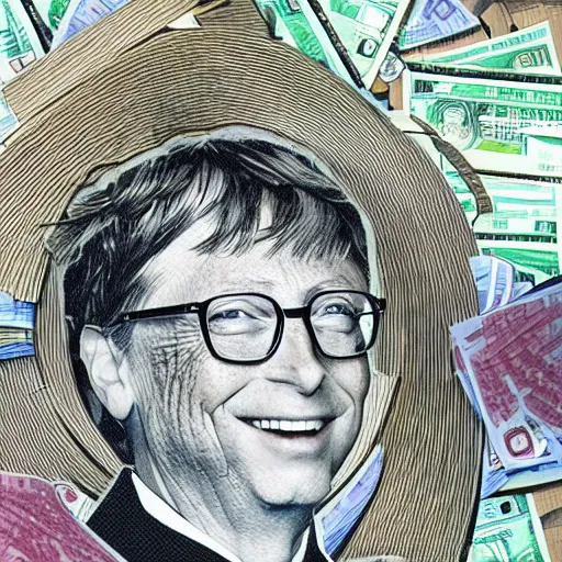 Image similar to Bill gates building a wood gate made of dollar bills,, smooth, sharp focus,, pixiv, ultra highly detailed