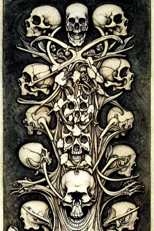 Image similar to memento mori by arthur rackham, detailed, art nouveau, gothic, intricately carved antique bone, skulls, botanicals, horizontal symmetry