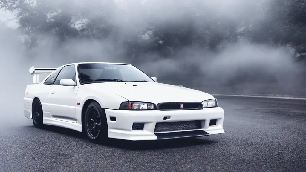 Image similar to a 1 9 9 4 black nissan skyline gt - r v - spec ii, cinematic, nikon d 7 5 0, long exposure, white balance, 8 k, led, lumen global illumination, fog, ray tracing reflections, fxaa, rtx, post - production