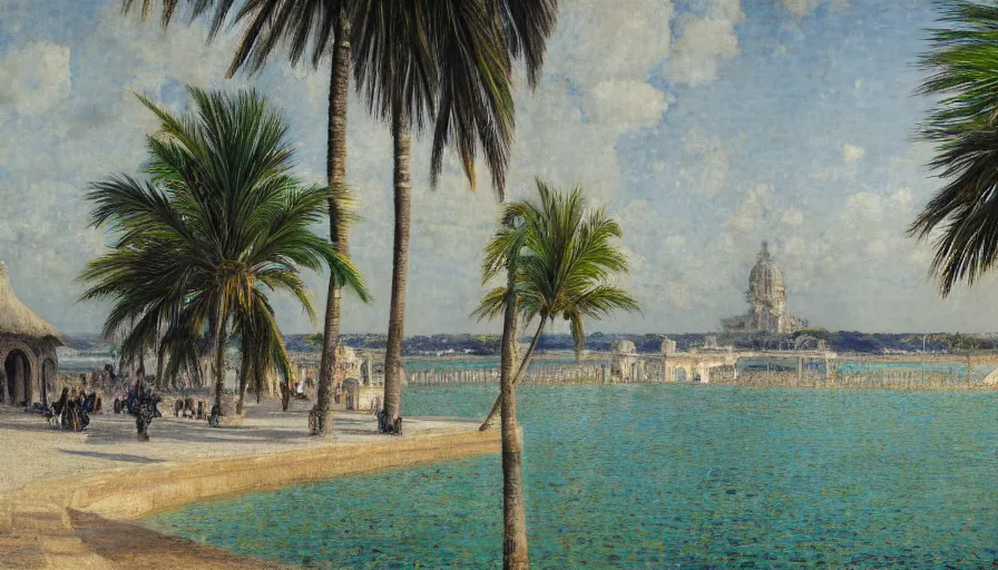 Image similar to a ultradetailed beautiful painting of the amazonas palace balustrade designed by jules bastien - lepage, hans belmer, frank weston and gustave baumann, beach, trending on artstation, mediterranean, palm trees, refracted color sparkles, sharp focus, soft light, 8 k 4 k