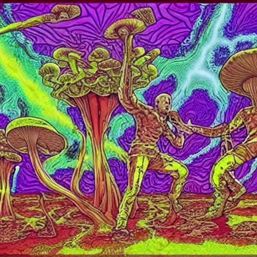 Image similar to Joe Rogan and Aliens tripping on psychedelic mushrooms, hyperdetailed, realistic, nature