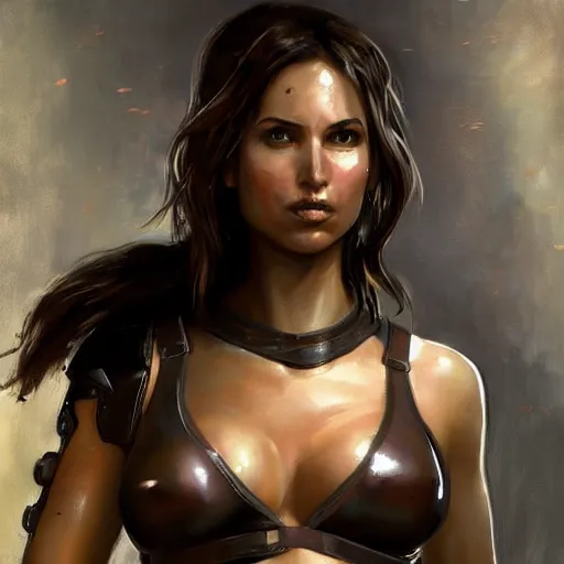 Image similar to close up of lara croft wearing tight latex armor, cinematographic shot, by daniel f. gerhartz