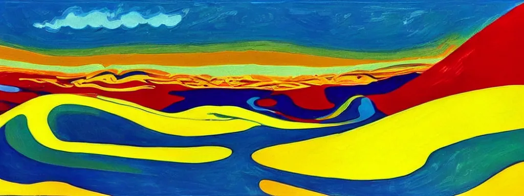 Prompt: Psychedelic sci-fi dreamworld. Landscape painting. Organic. Winding rushing water. Waves. Clouds. Wayne Thiebaud. Peter Max.