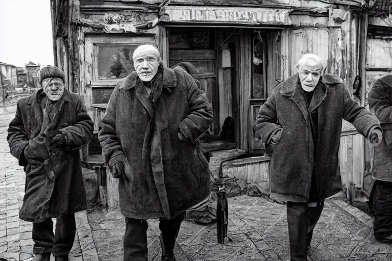 Prompt: cinematography old Russian men entering old bar in Russia showing. by Emmanuel Lubezki