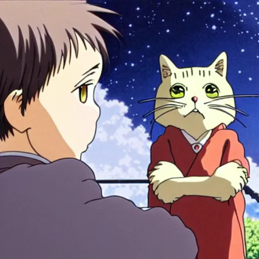 Image similar to anime key visual of hayao miyazaki studio ghibli, short - hair tabby cat