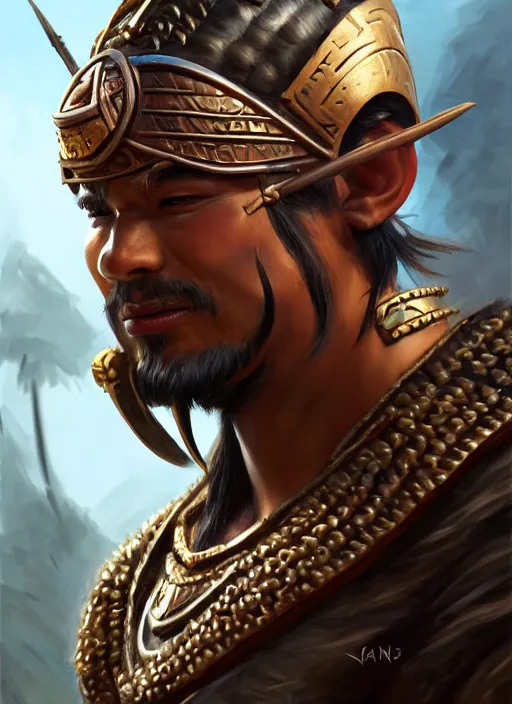 Image similar to smart tai warlord, closeup portrait, historical, ethnic group, traditional tai costume, bronze headset, fantasy, intricate, with leather armor cross onbare chest, elegant, loin cloth, highly detailed, oill painting, artstation, concept art, matte, sharp focus, illustration, hearthstone, art by earl norem