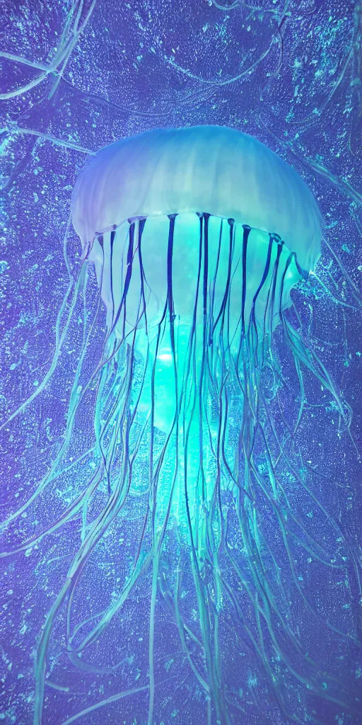 Image similar to at night, big blue jellyfish glowing in the night, very close detailed closeup, wonderful details, octane render, intricate, soft focus, film grain, blue tones, bokeh