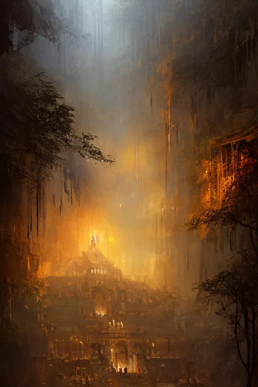 Image similar to old aztec city of gold in the middle of the forest, intricate, elegant, volumetric lighting, digital painting, highly detailed, artstation, sharp focus, illustration, concept art, ruan jia, steve mccurry