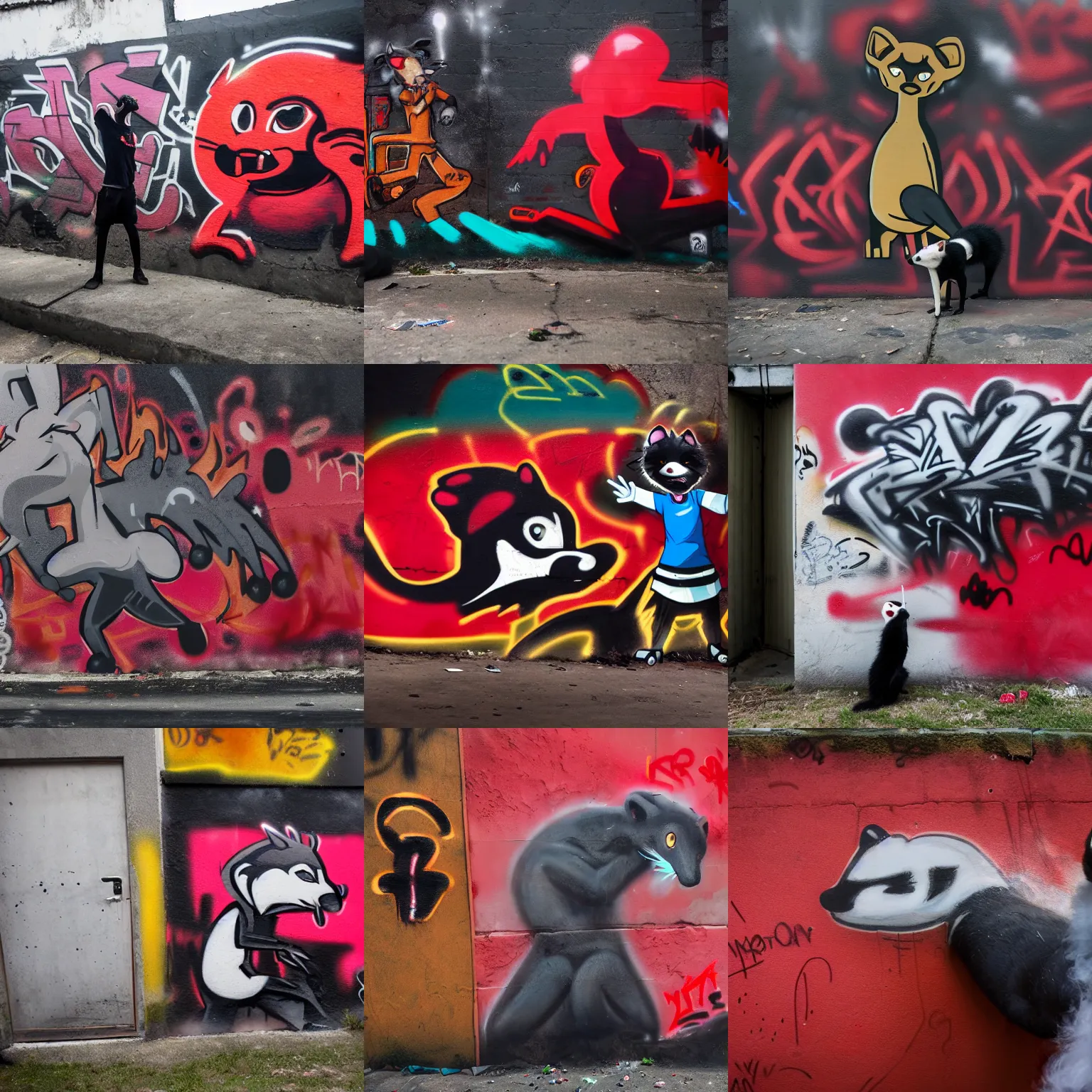 Image similar to photo ( far _ shot ), subject [ furry _ fandom _ fursona _ original _ character ( red - black, anthropomorphic _ humanoid, weasel - ferret - stoat ) ], background ( dark _ smoke ), medium [ graffiti ( spray _ paint, concrete _ wall ) ], location ( favela )