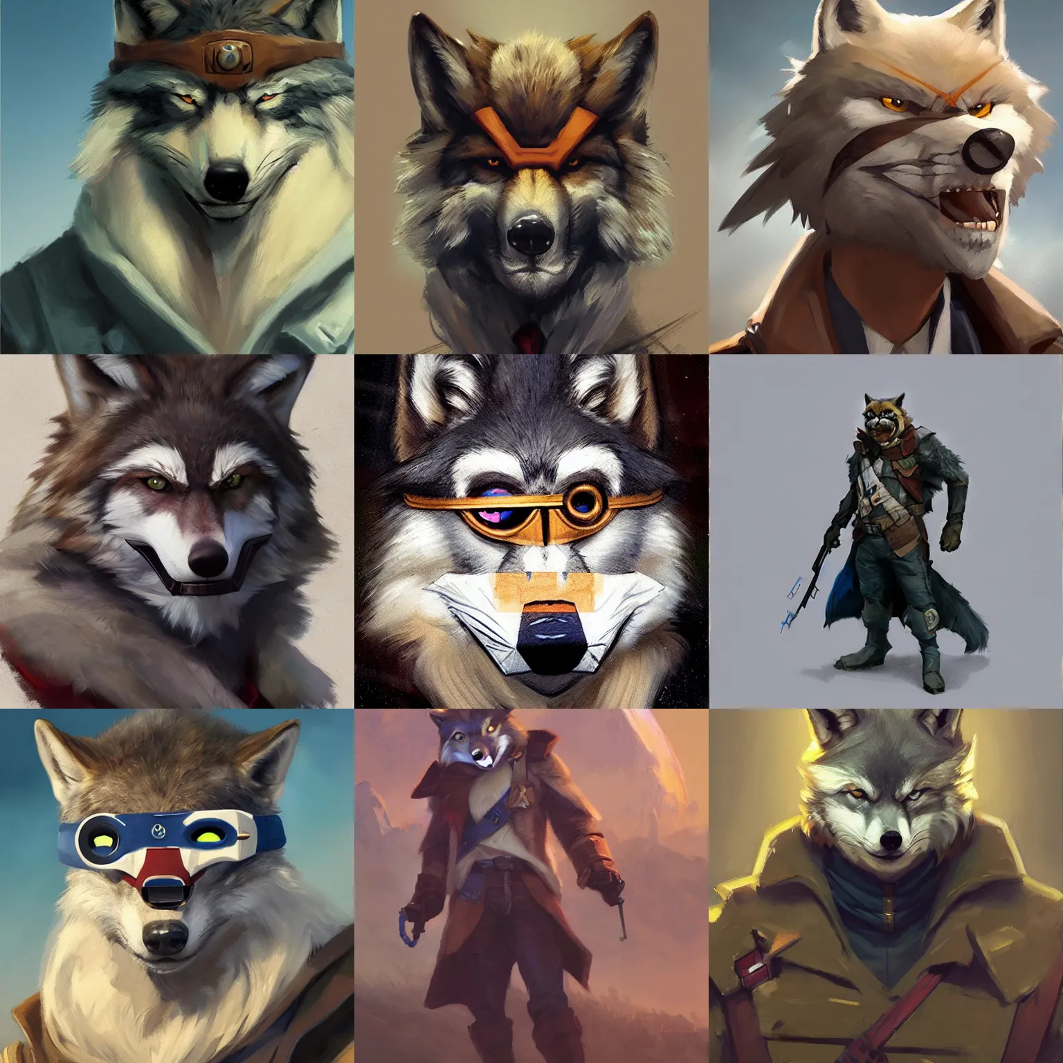 Prompt: a portrait of wolf o'donnell wearing an eyepatch, star fox, artstation, greg rutkowski, gregory manchess, greg hildebrandt, concept art, furry, furaffinity