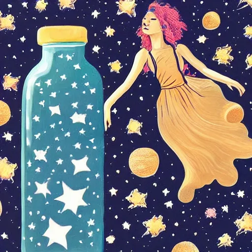 Image similar to milky way in a bottle, stars, small creatures swimming in it, a beautiful woman with a black soft shiny hair, stars, painting, hyper detailed