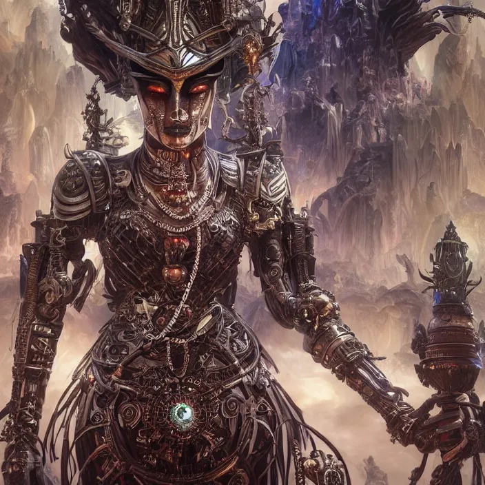 Image similar to mystical evil android queen with obsidian eyes, wearing an elaborate helmet, inside a wax palace, ultra realistic, concept art, intricate details, serious, highly detailed, photorealistic, octane render, 8 k, unreal engine, art by todd mcfarlane and artgerm and greg rutkowski and alphonse mucha
