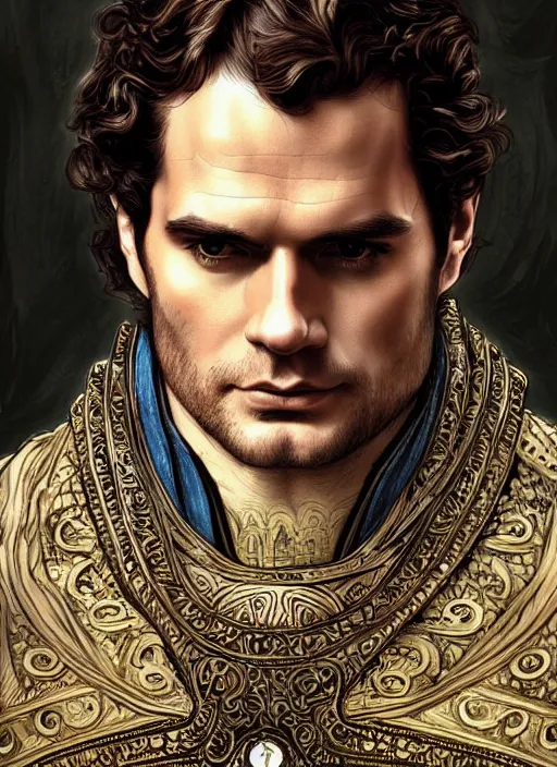 Prompt: !dream Henry Cavill as a victorian King, beautiful detailed eyes, cute, fantasy, intricate, elegant, highly detailed, digital painting, 4k, HDR, concept art, detailed jewelry, smooth, sharp focus, illustration, art by Artgerm, H R Giger and Alphonse Mucha