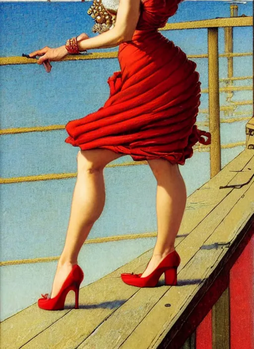 Image similar to a fancy beautiful young lady standing on a wharf at the edge of the sea, very tight gold chain belt, stylish heels, beautiful hair, red dress, by brom and gil elvgren and jean delville and william blake and norman rockwell and michael whelan, crisp details, hyperrealism, high detail, high contrast, low light