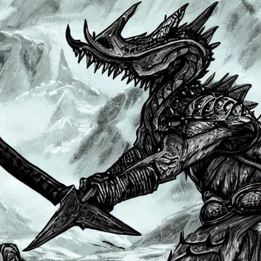 Image similar to dovahkiin stabs alduin the dragon with his ebony sword, slaying the beast. cartoon style.