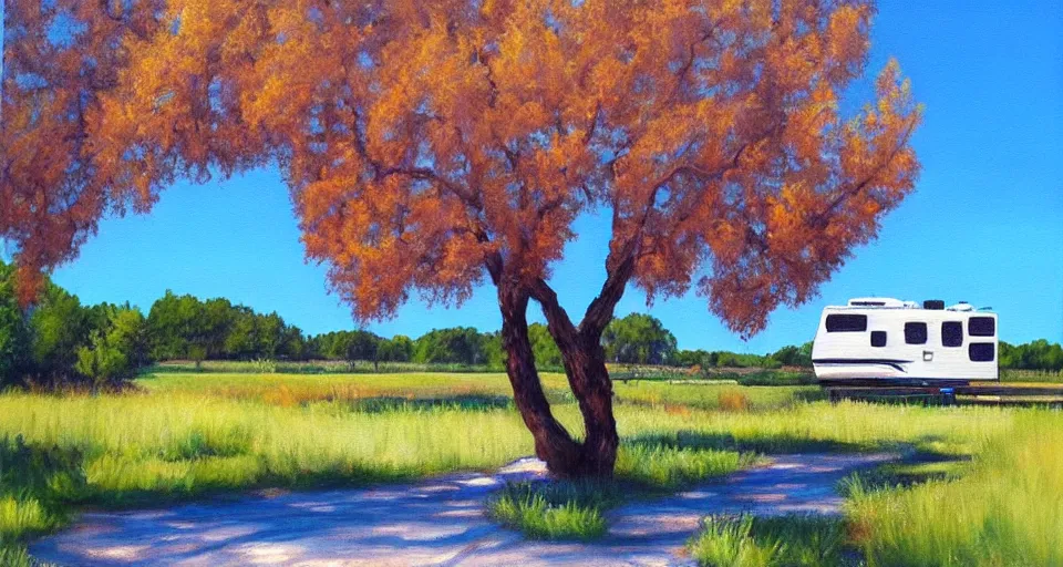 Image similar to an rv under a cottonwood tree, beautiful painting, oil on canvas, by ewa czarniecka, award winning masterpiece,