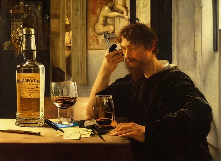 Image similar to an exhausted painter in his studio with a bottle of whisky painting a self portrait, by edgar maxence and caravaggio and michael whelan and delacroix style, artistic, intricate drawing, cinematic lighting, hyper realistic, extremely detailed, establishing shot, 8 k resolution, dramatic lighting